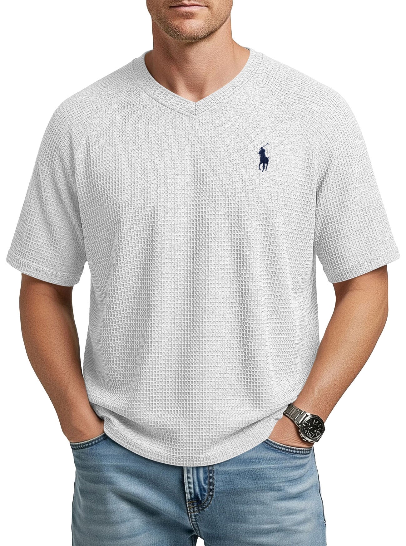 Men’s Waffle Knit V-Neck T-Shirt – Lightweight Textured Raglan Sleeve Casual Tee