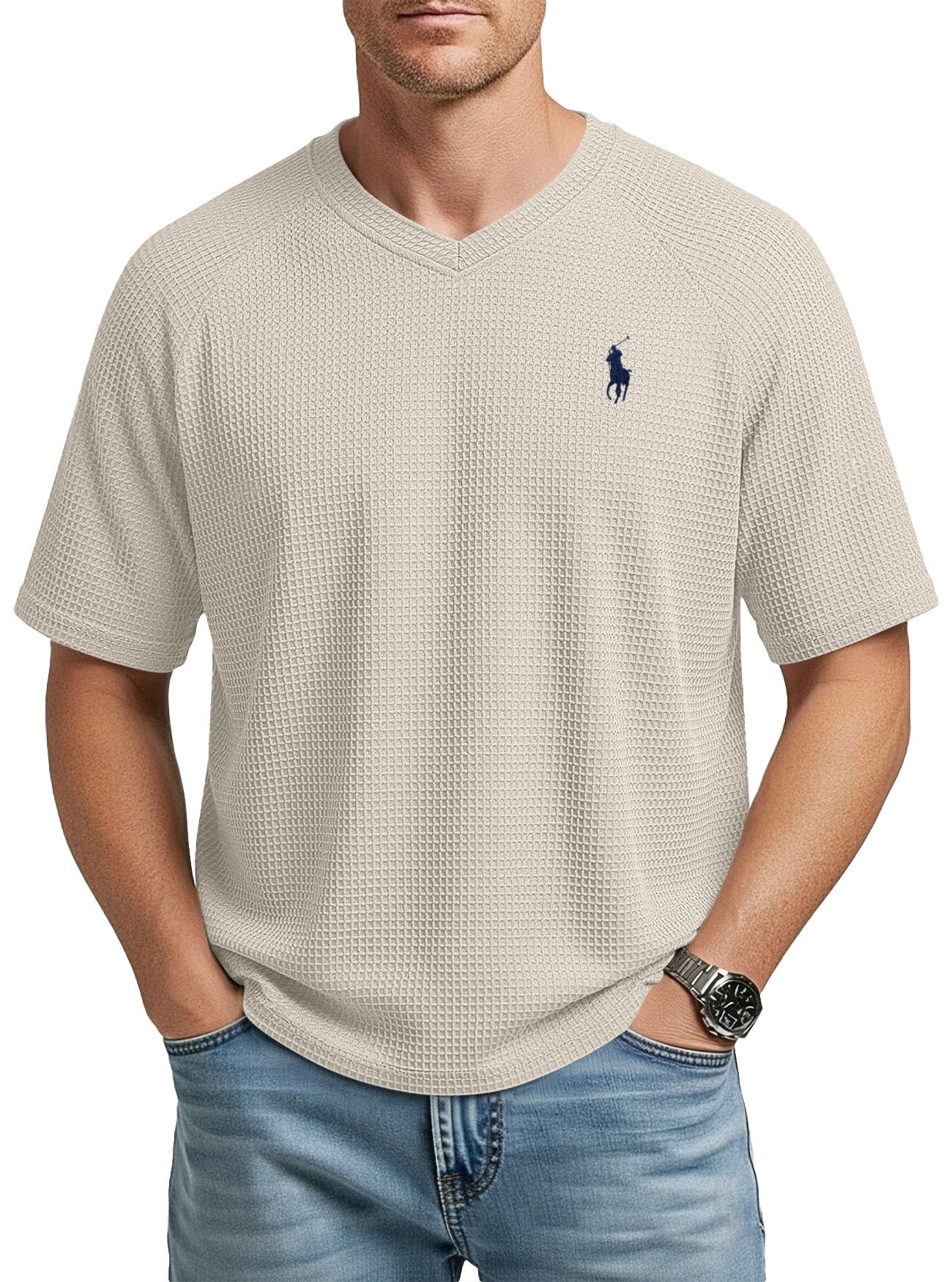 Men’s Waffle Knit V-Neck T-Shirt – Lightweight Textured Raglan Sleeve Casual Tee
