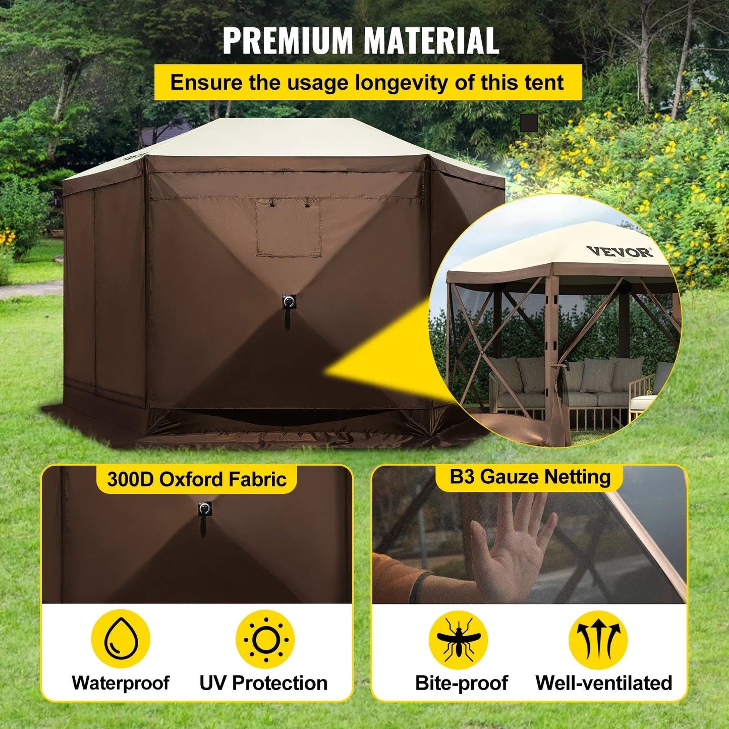 Special Offer  Camping Gazebo Screen Tent, 12*12ft, 6 Sided Pop-up Canopy Shelter Tent with Mesh Windows, Portable Carry Bag, Stakes, Large Shade Tents for Outdoor Camping