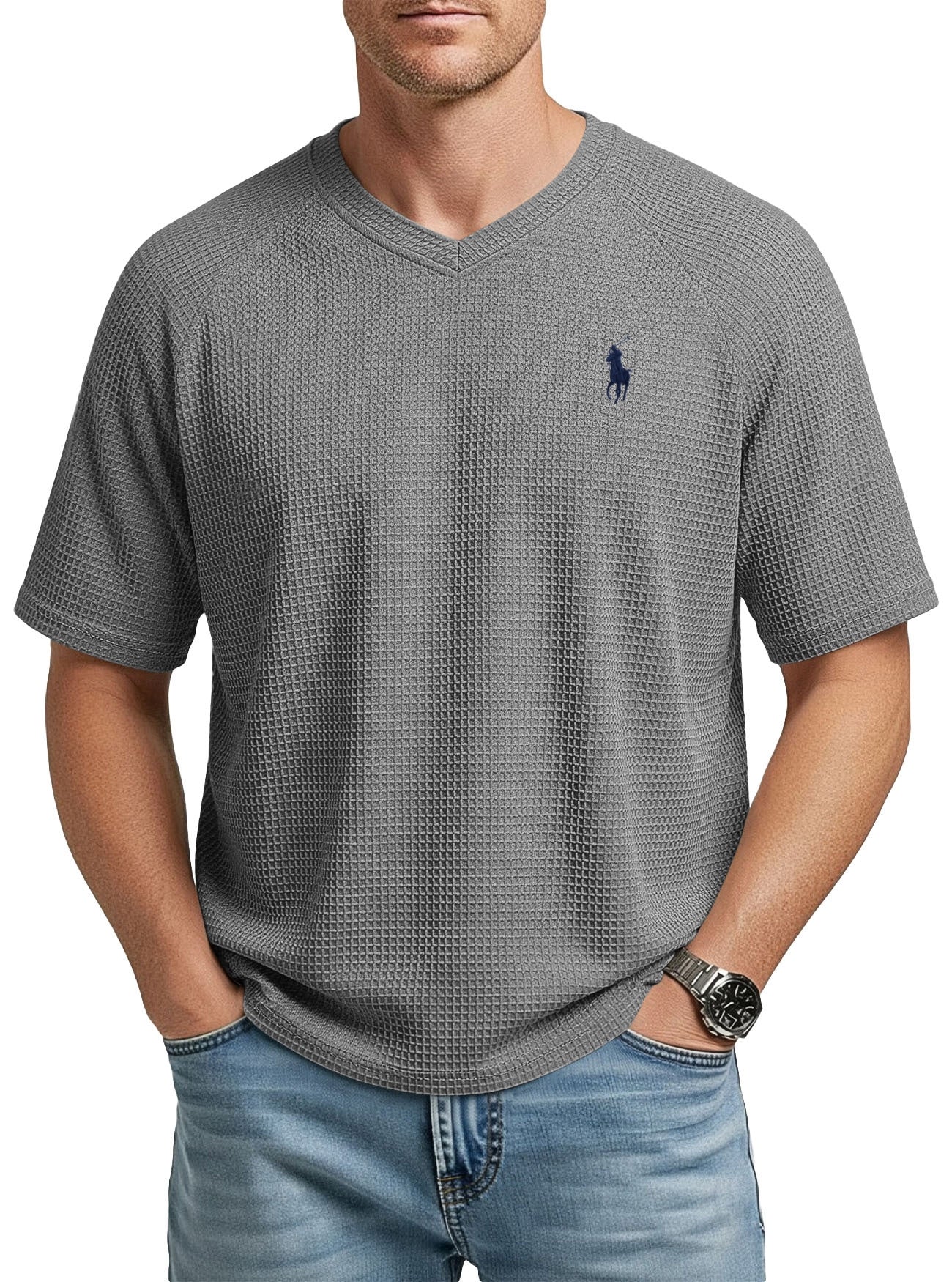 Men’s Waffle Knit V-Neck T-Shirt – Lightweight Textured Raglan Sleeve Casual Tee