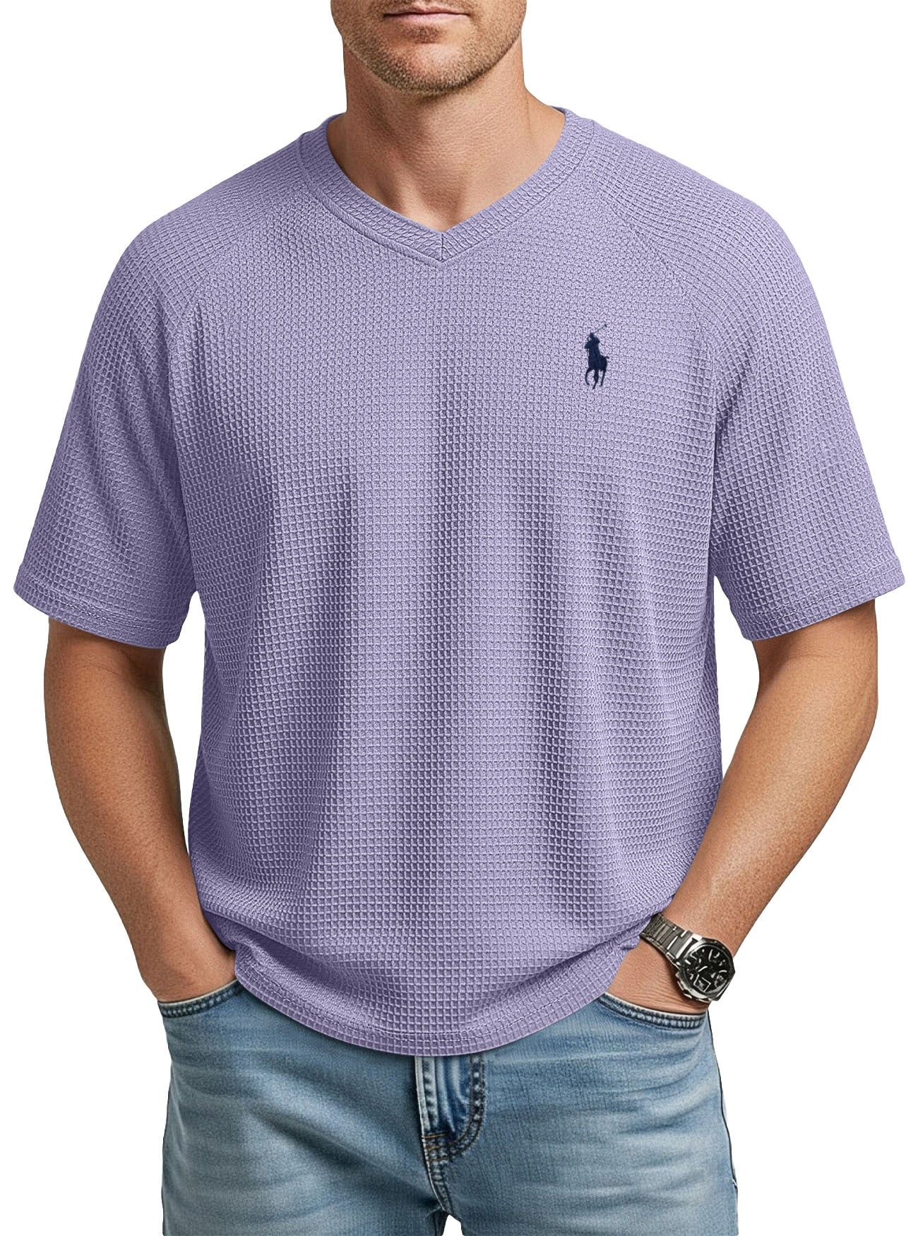 Men’s Waffle Knit V-Neck T-Shirt – Lightweight Textured Raglan Sleeve Casual Tee