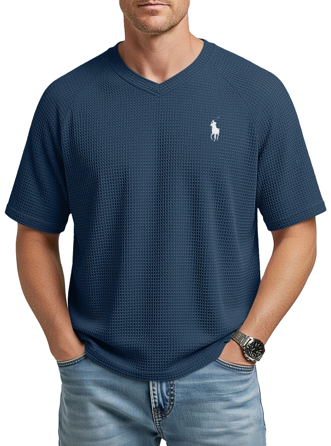 Men’s Waffle Knit V-Neck T-Shirt – Lightweight Textured Raglan Sleeve Casual Tee