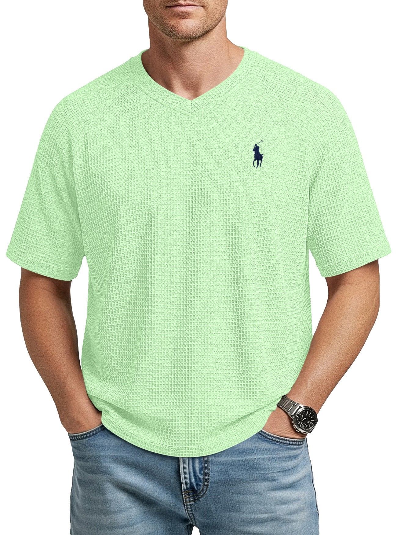 Men’s Waffle Knit V-Neck T-Shirt – Lightweight Textured Raglan Sleeve Casual Tee