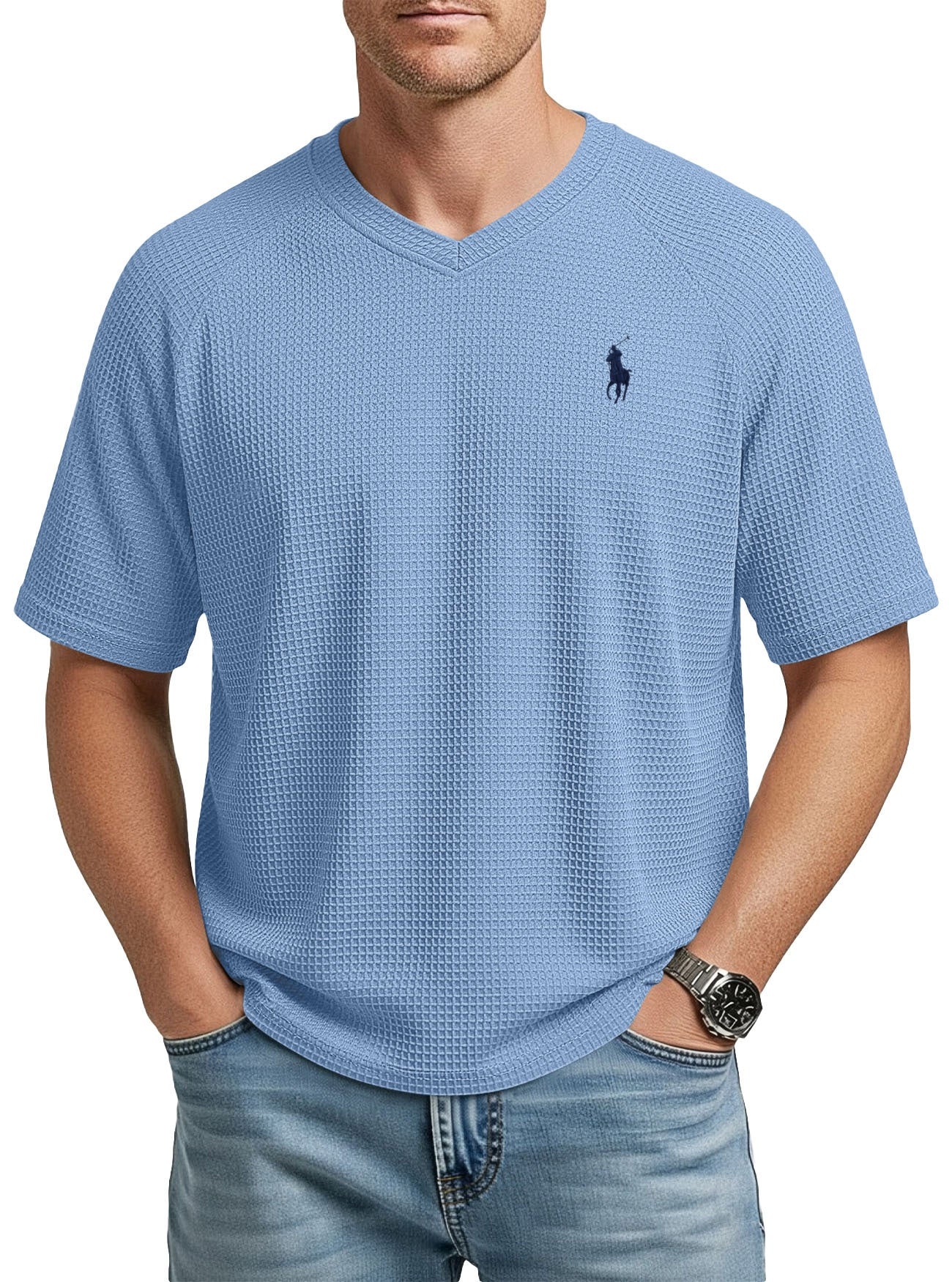 Men’s Waffle Knit V-Neck T-Shirt – Lightweight Textured Raglan Sleeve Casual Tee