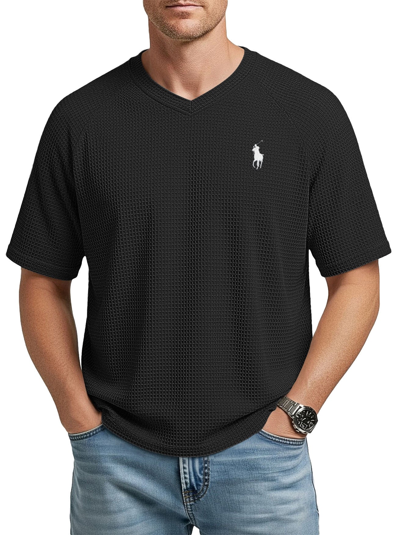 Men’s Waffle Knit V-Neck T-Shirt – Lightweight Textured Raglan Sleeve Casual Tee