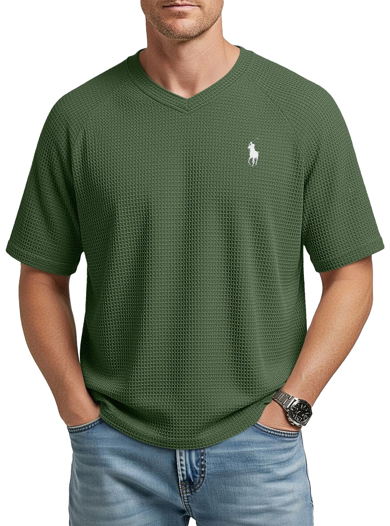 Men’s Waffle Knit V-Neck T-Shirt – Lightweight Textured Raglan Sleeve Casual Tee