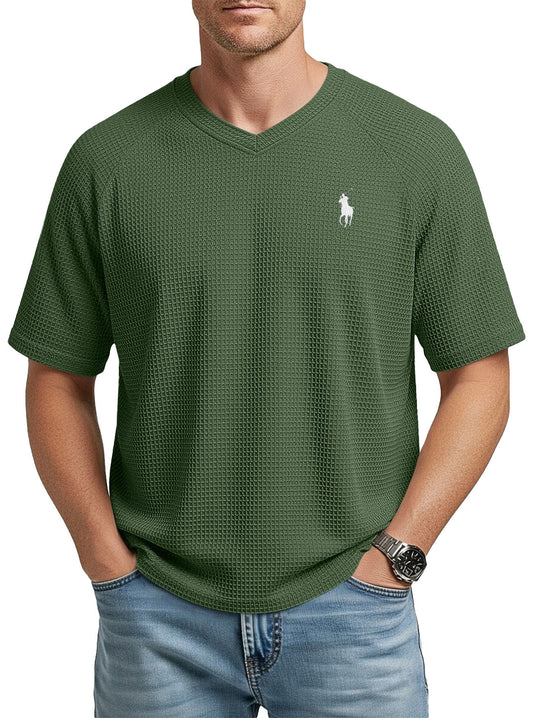 Men’s Waffle Knit V-Neck T-Shirt – Lightweight Textured Raglan Sleeve Casual Tee