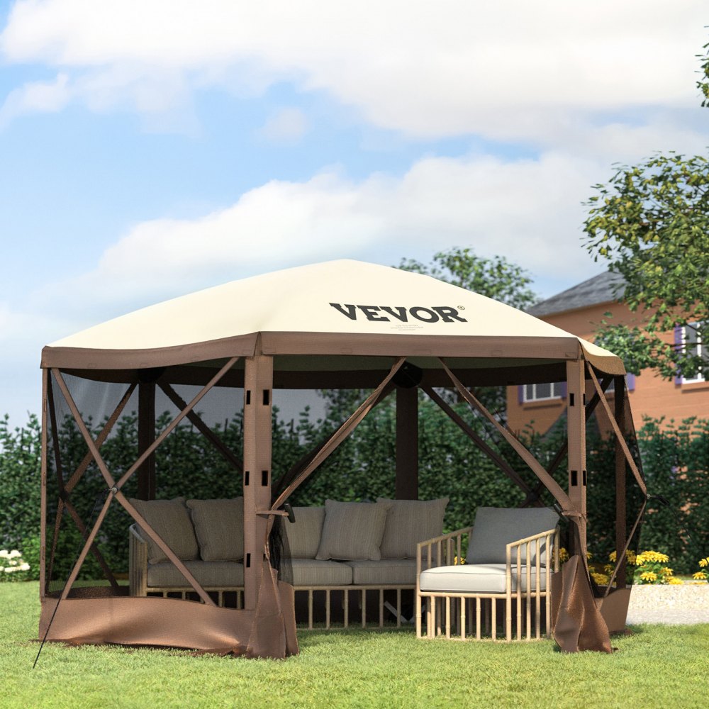 Special Offer  Camping Gazebo Screen Tent, 12*12ft, 6 Sided Pop-up Canopy Shelter Tent with Mesh Windows, Portable Carry Bag, Stakes, Large Shade Tents for Outdoor Camping