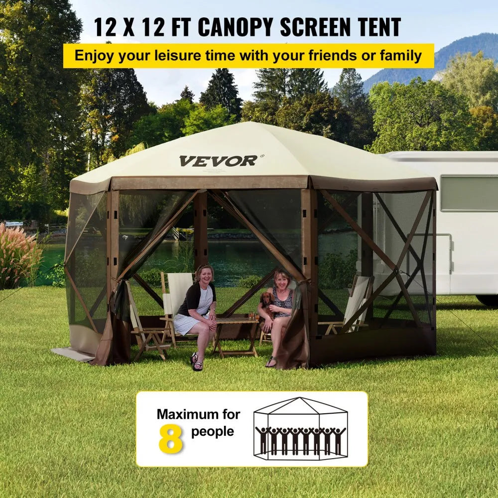 Special Offer  Camping Gazebo Screen Tent, 12*12ft, 6 Sided Pop-up Canopy Shelter Tent with Mesh Windows, Portable Carry Bag, Stakes, Large Shade Tents for Outdoor Camping